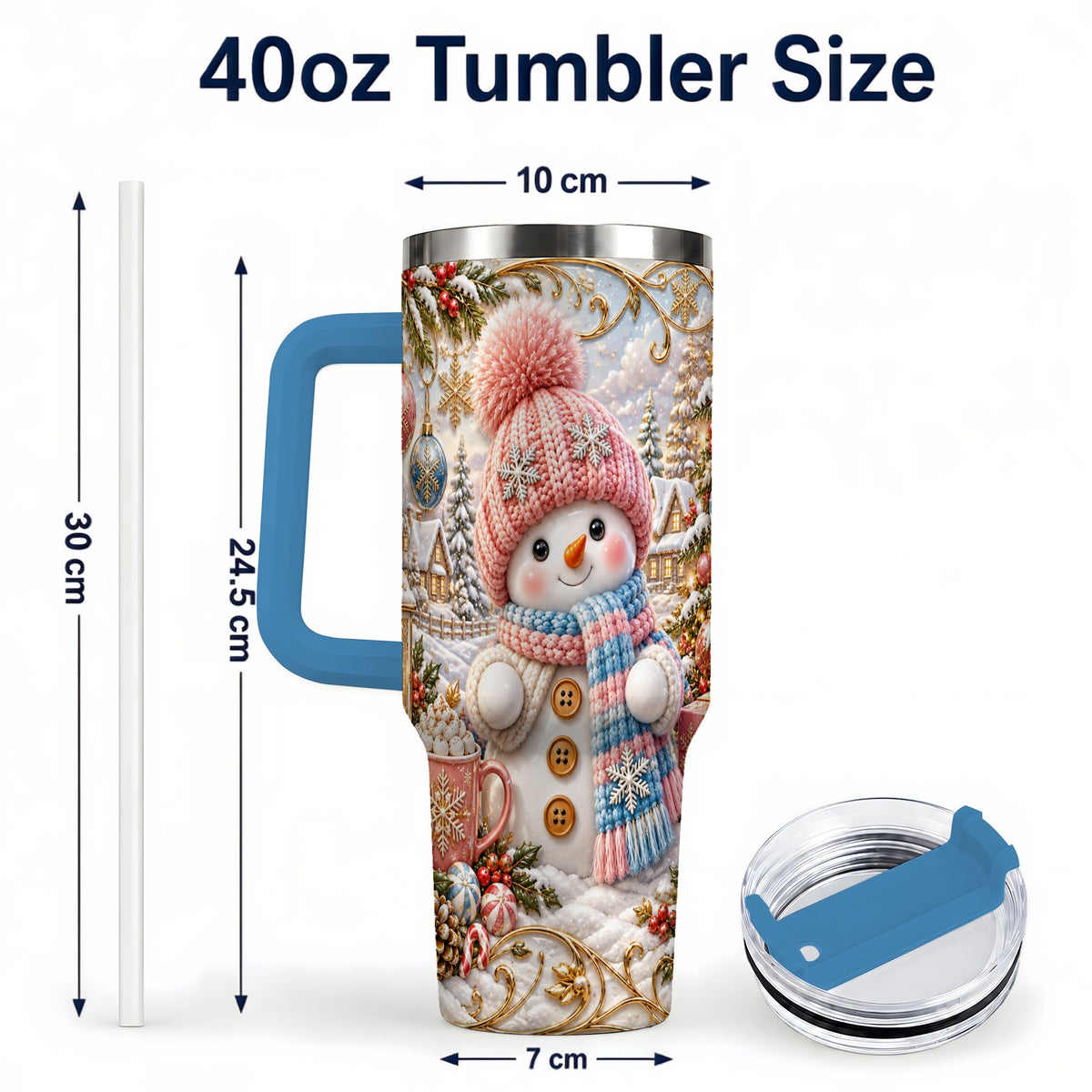#pl[40oz|Blue] Pink Snowman 40oz Tumbler with Handle, Winter Stainless Steel Travel Cup