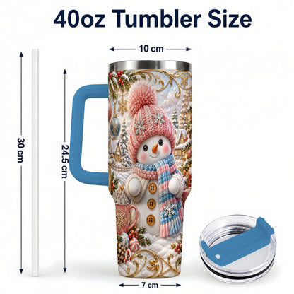 #pl[40oz|Blue] Pink Snowman 40oz Tumbler with Handle, Winter Stainless Steel Travel Cup