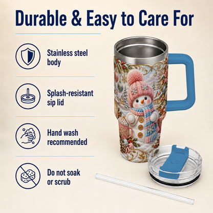 #pl[40oz|Blue] Pink Snowman 40oz Tumbler with Handle, Winter Stainless Steel Travel Cup