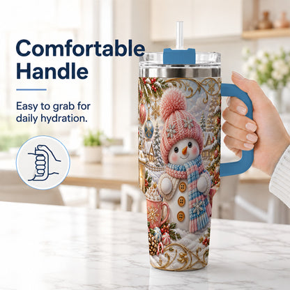 #pl[40oz|Blue] Pink Snowman 40oz Tumbler with Handle, Winter Stainless Steel Travel Cup
