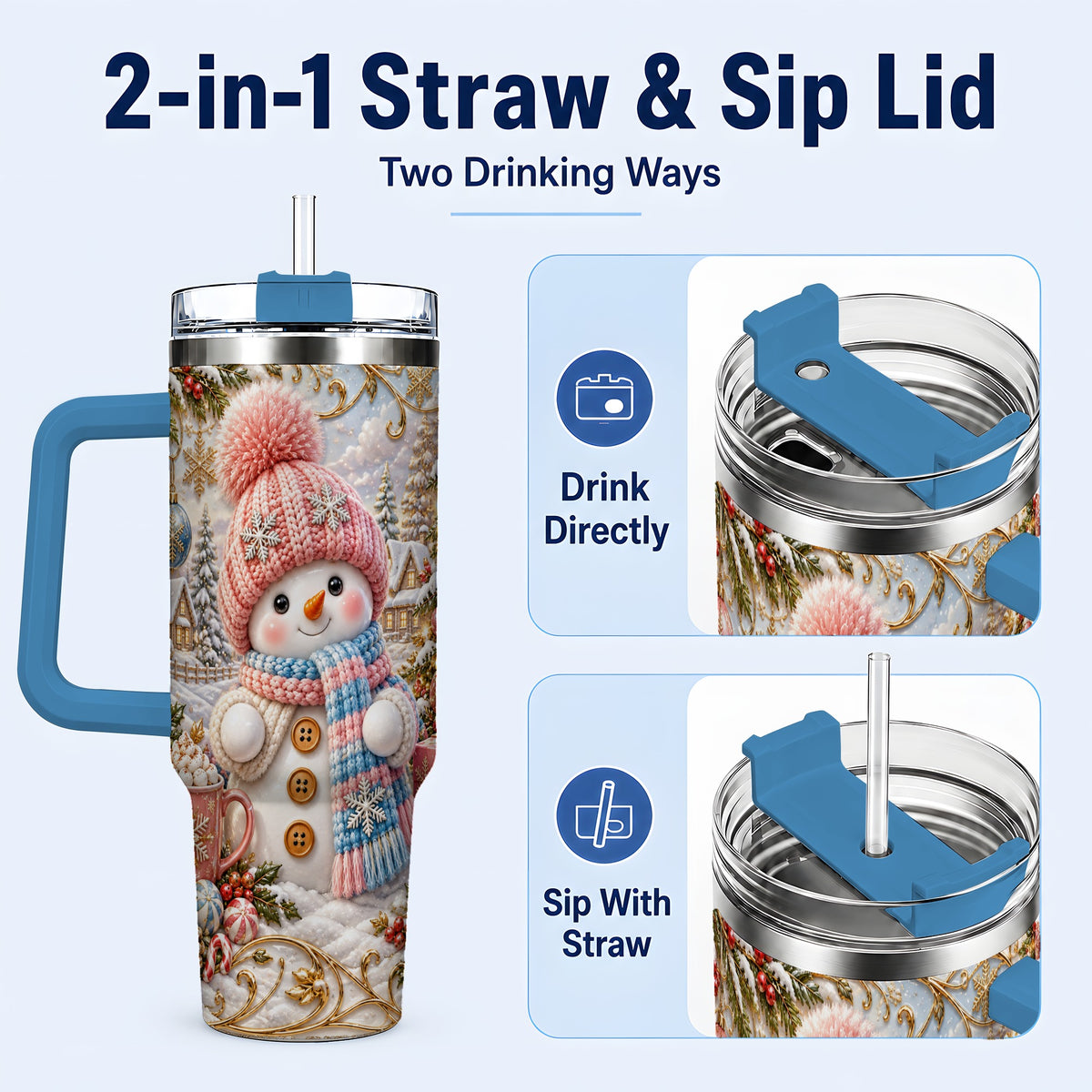 #pl[40oz|Blue] Pink Snowman 40oz Tumbler with Handle, Winter Stainless Steel Travel Cup