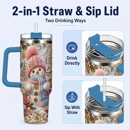 #pl[40oz|Blue] Pink Snowman 40oz Tumbler with Handle, Winter Stainless Steel Travel Cup