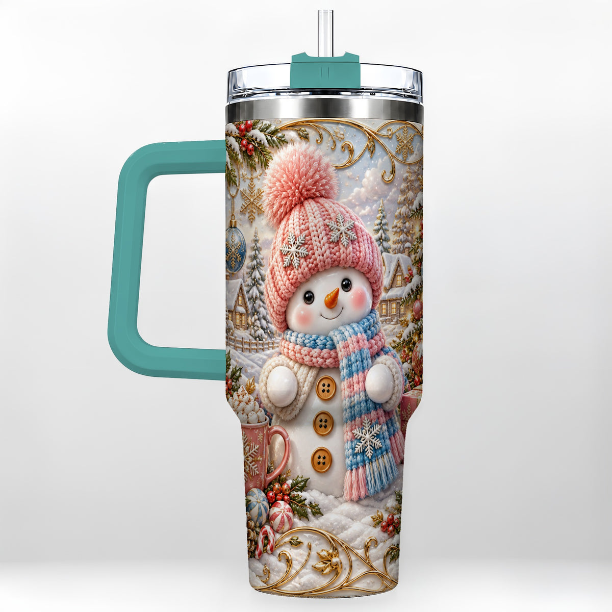 #pl[40oz|Green] Pink Snowman 40oz Tumbler with Handle, Winter Stainless Steel Travel Cup