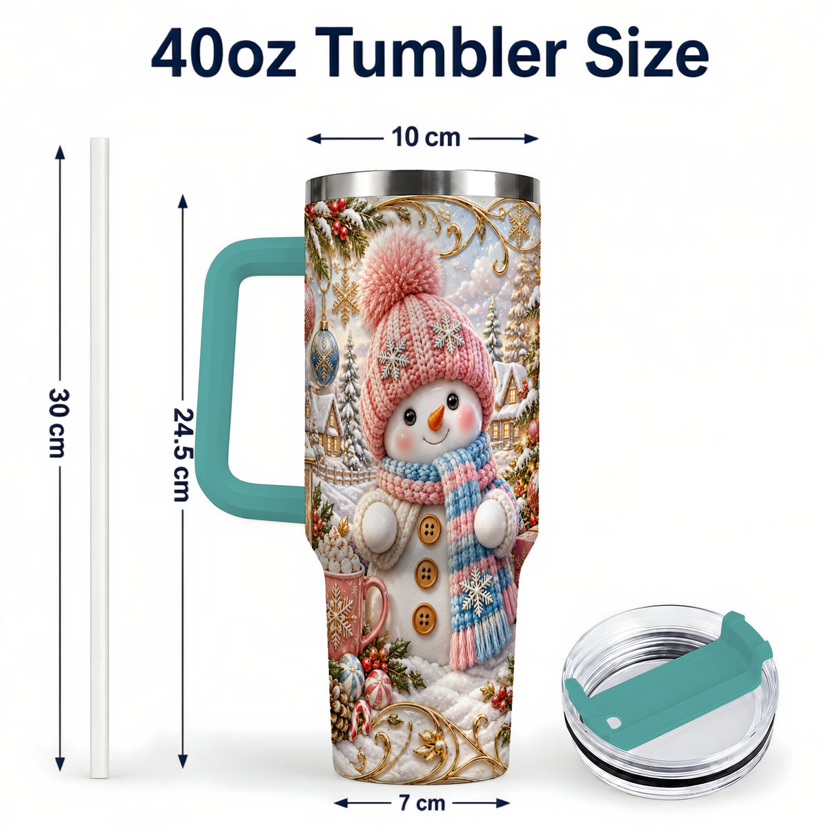 #pl[40oz|Green] Pink Snowman 40oz Tumbler with Handle, Winter Stainless Steel Travel Cup
