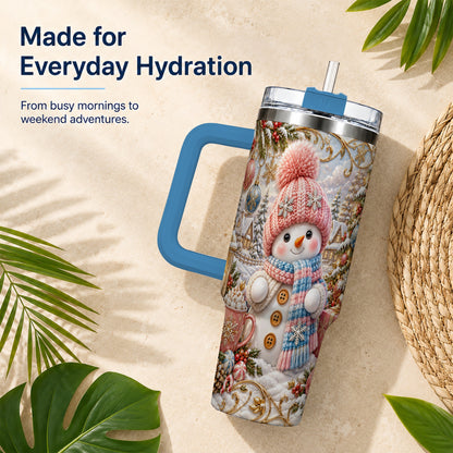 #pl[40oz|Blue] Pink Snowman 40oz Tumbler with Handle, Winter Stainless Steel Travel Cup