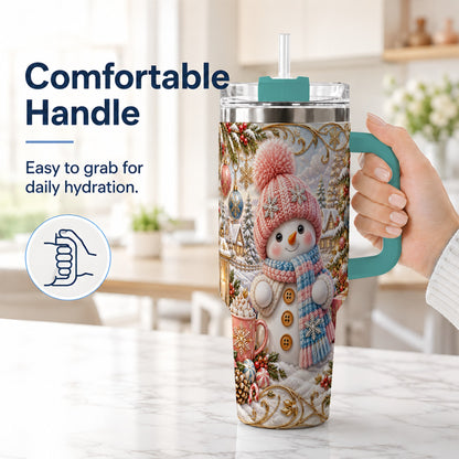#pl[40oz|Green] Pink Snowman 40oz Tumbler with Handle, Winter Stainless Steel Travel Cup