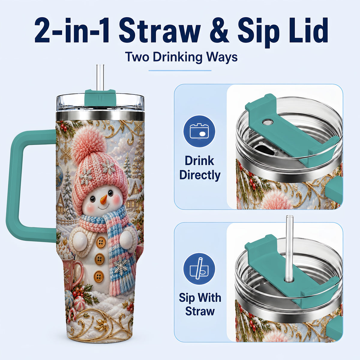 #pl[40oz|Green] Pink Snowman 40oz Tumbler with Handle, Winter Stainless Steel Travel Cup