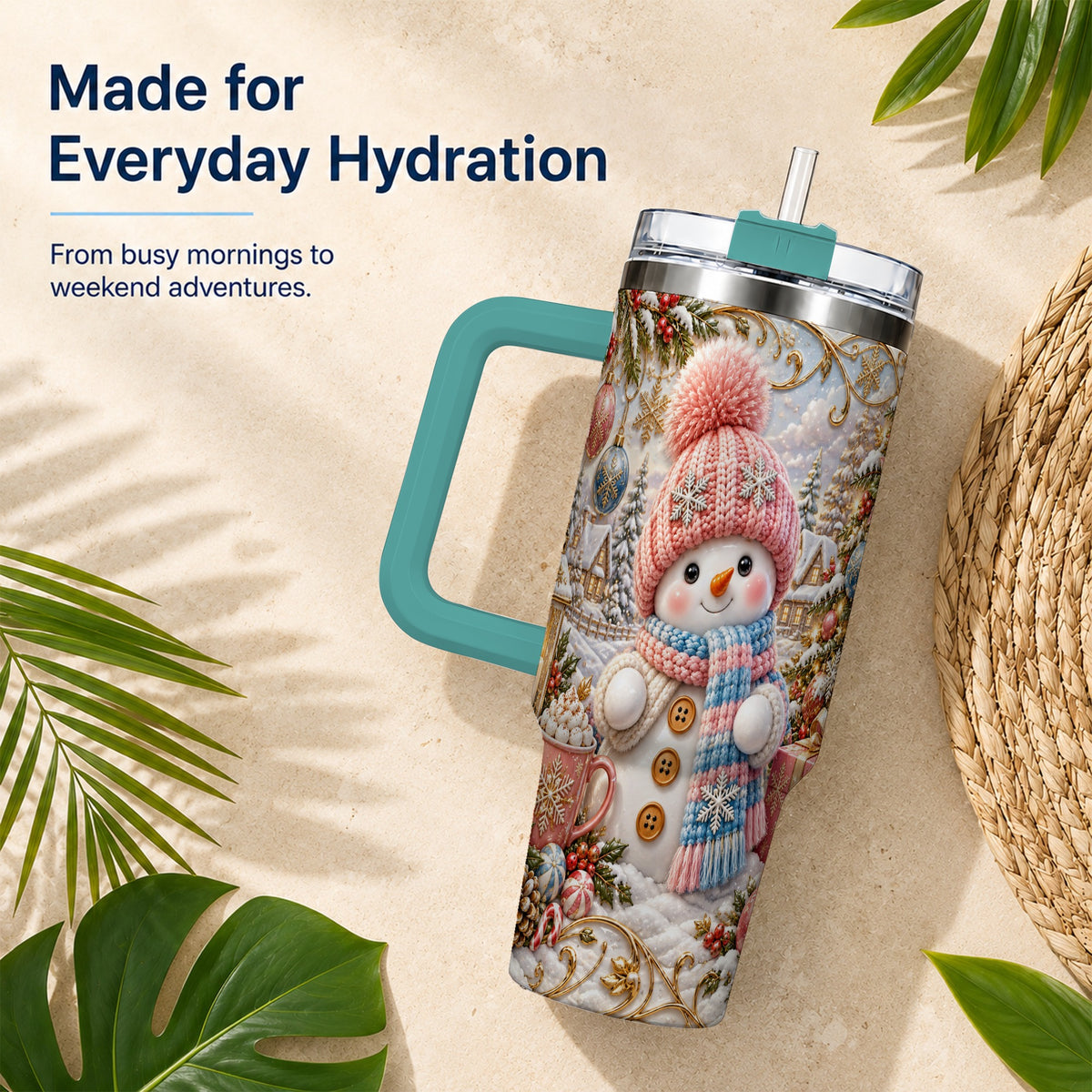 #pl[40oz|Green] Pink Snowman 40oz Tumbler with Handle, Winter Stainless Steel Travel Cup