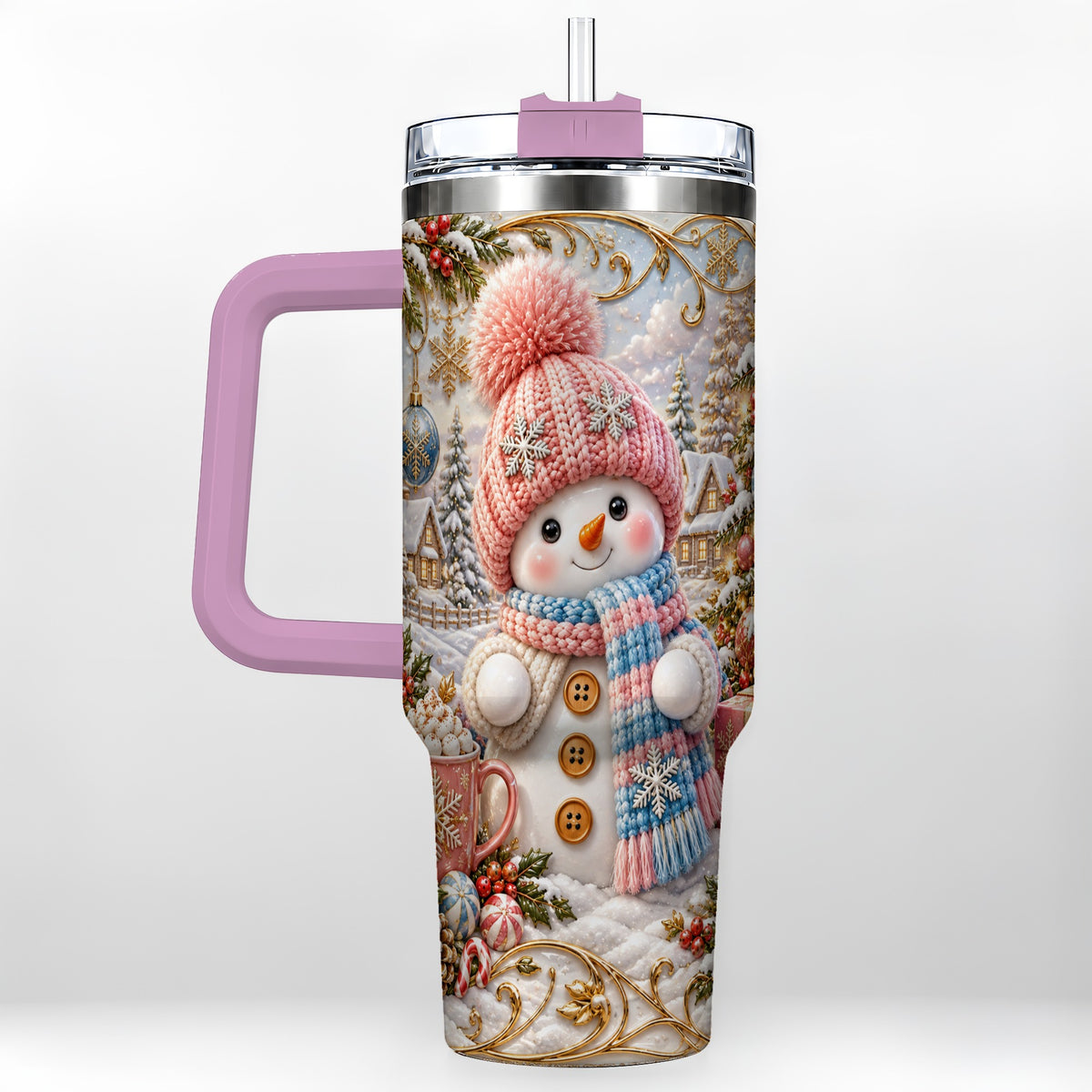 #pl[40oz|Pink] Pink Snowman 40oz Tumbler with Handle, Winter Stainless Steel Travel Cup