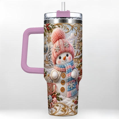 #pl[40oz|Pink] Pink Snowman 40oz Tumbler with Handle, Winter Stainless Steel Travel Cup