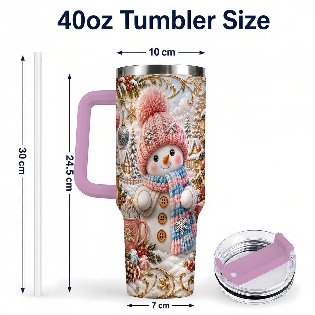 #pl[40oz|Pink] Pink Snowman 40oz Tumbler with Handle, Winter Stainless Steel Travel Cup