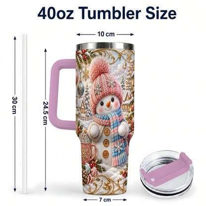 #pl[40oz|Pink] Pink Snowman 40oz Tumbler with Handle, Winter Stainless Steel Travel Cup