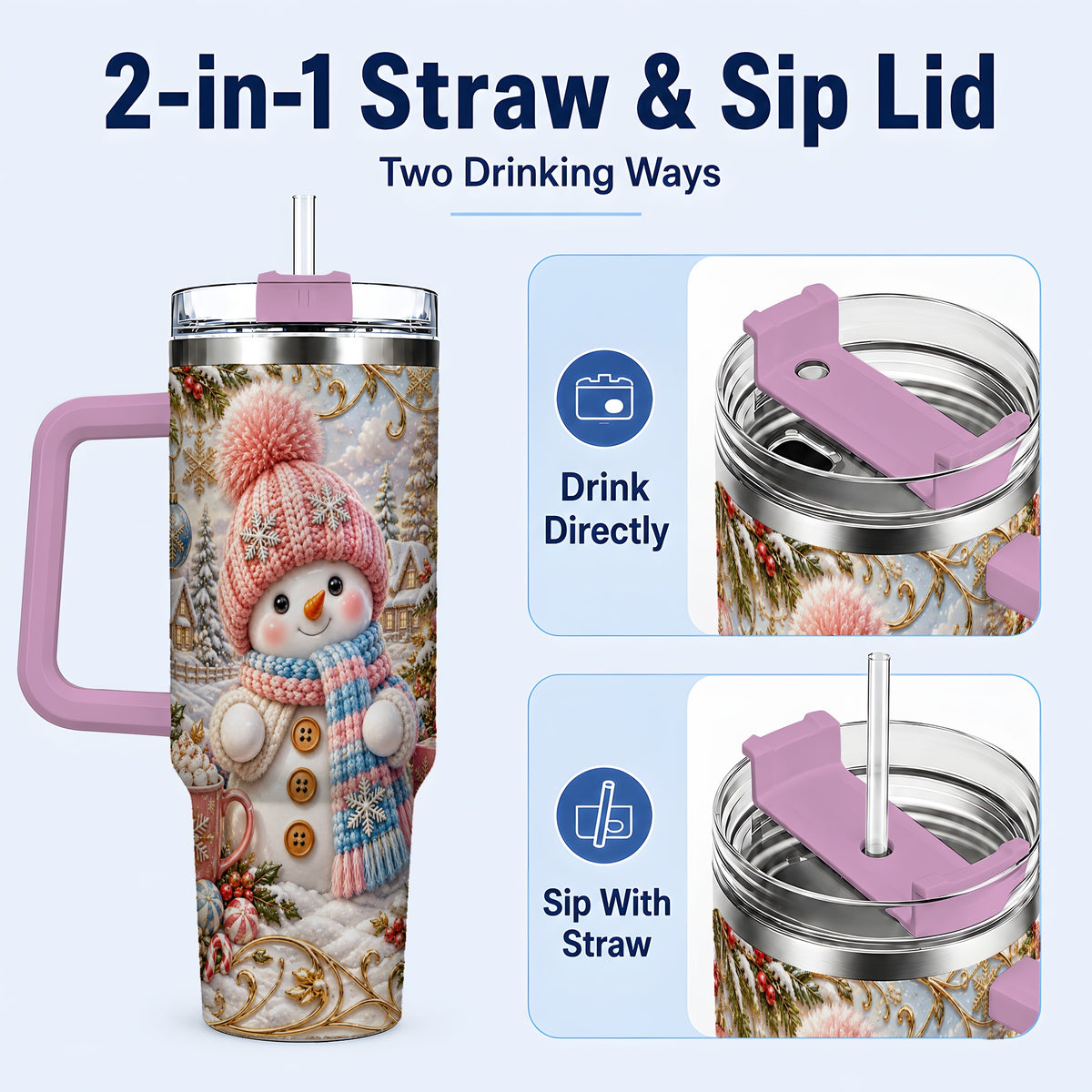 #pl[40oz|Pink] Pink Snowman 40oz Tumbler with Handle, Winter Stainless Steel Travel Cup