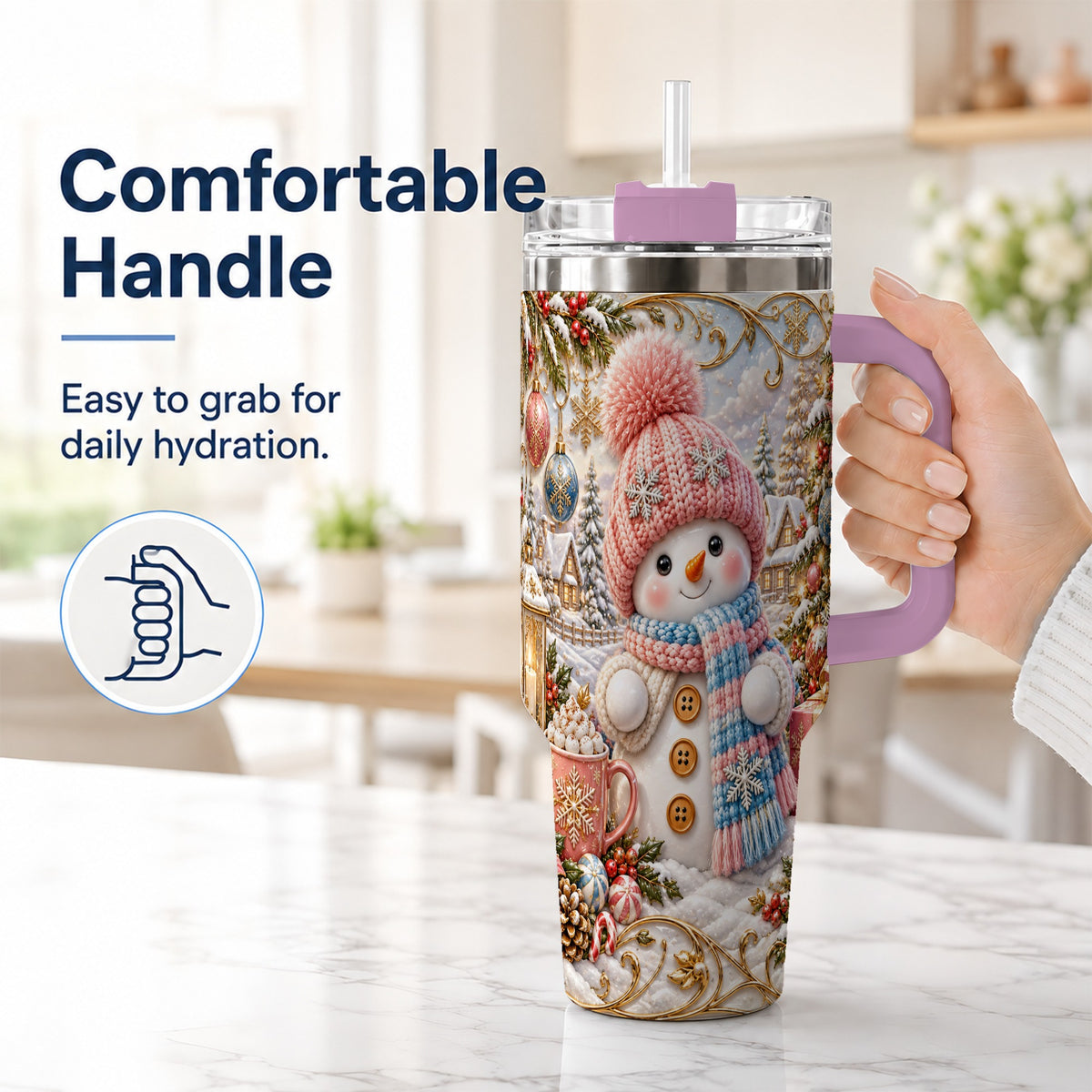 #pl[40oz|Pink] Pink Snowman 40oz Tumbler with Handle, Winter Stainless Steel Travel Cup