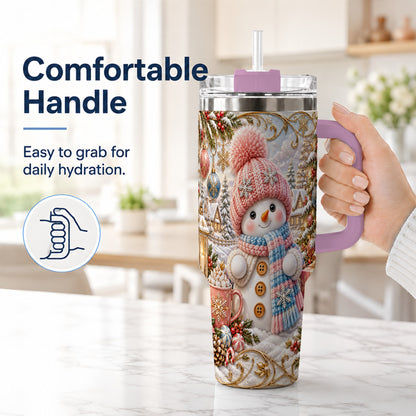#pl[40oz|Pink] Pink Snowman 40oz Tumbler with Handle, Winter Stainless Steel Travel Cup