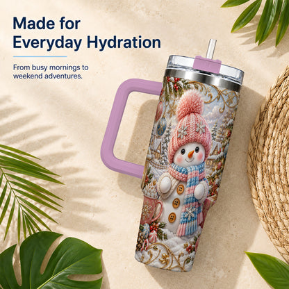 #pl[40oz|Pink] Pink Snowman 40oz Tumbler with Handle, Winter Stainless Steel Travel Cup