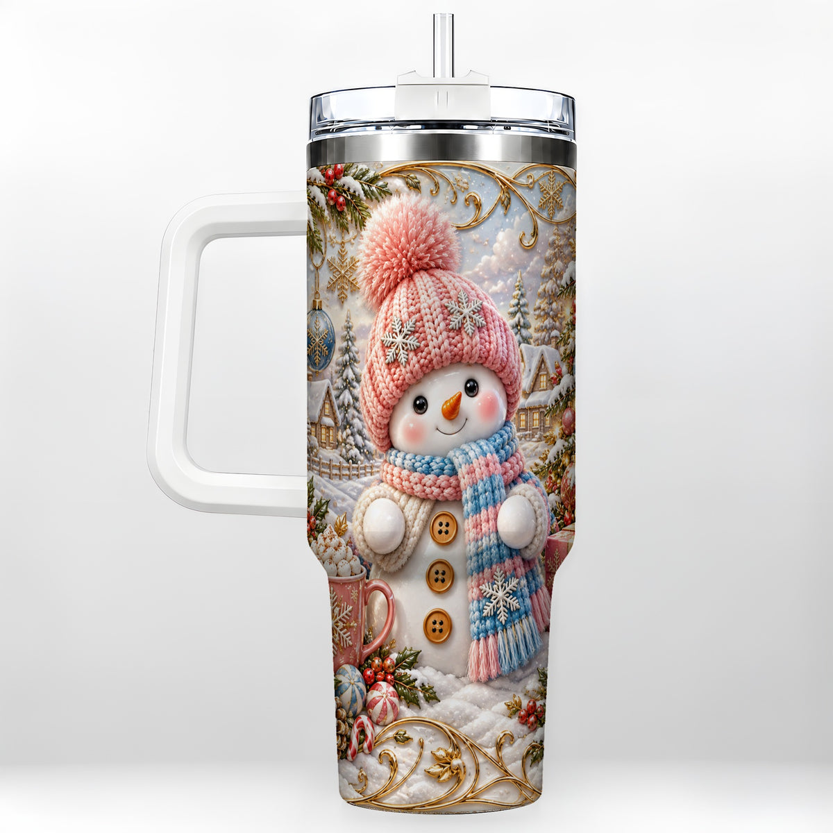 Pink Snowman 40oz Tumbler with Handle, Winter Stainless Steel Travel Cup