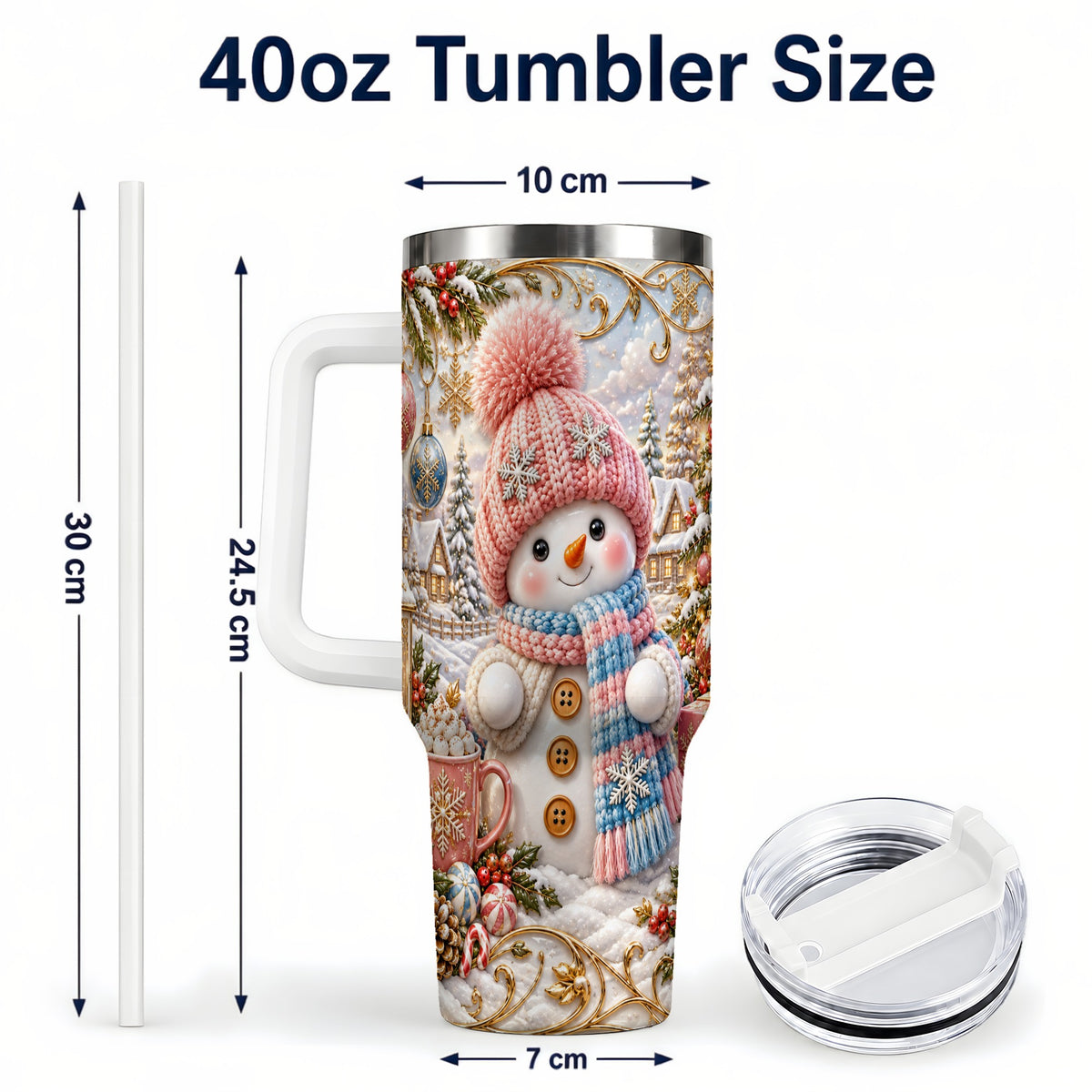 #pl[40oz|White] Pink Snowman 40oz Tumbler with Handle, Winter Stainless Steel Travel Cup