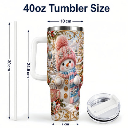#pl[40oz|White] Pink Snowman 40oz Tumbler with Handle, Winter Stainless Steel Travel Cup