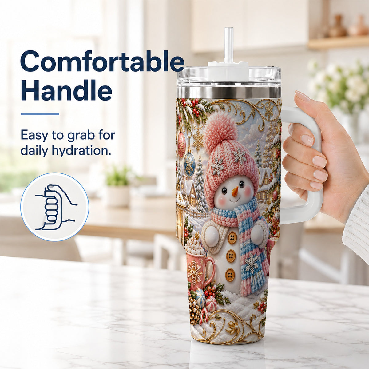 #pl[40oz|White] Pink Snowman 40oz Tumbler with Handle, Winter Stainless Steel Travel Cup