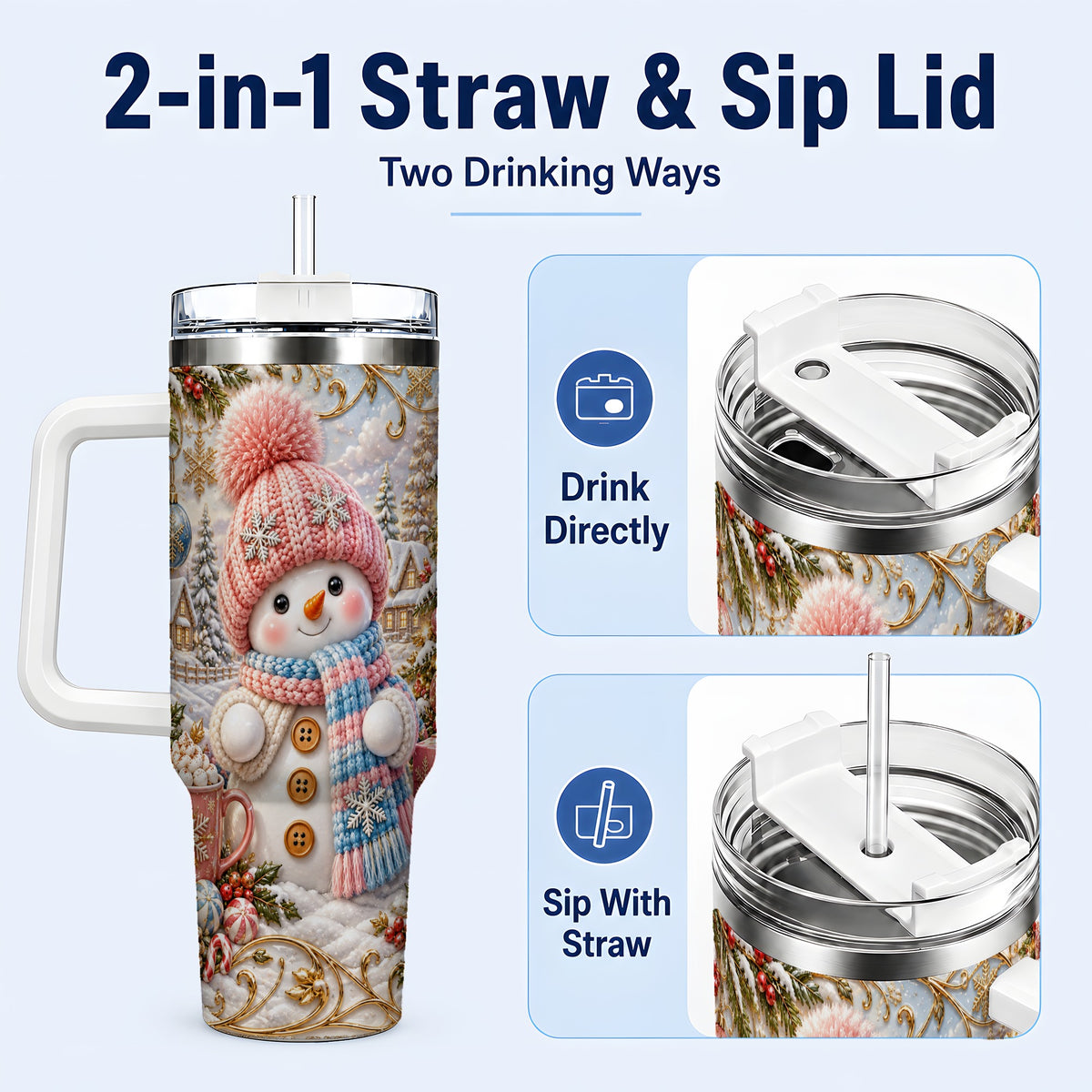 #pl[40oz|White] Pink Snowman 40oz Tumbler with Handle, Winter Stainless Steel Travel Cup