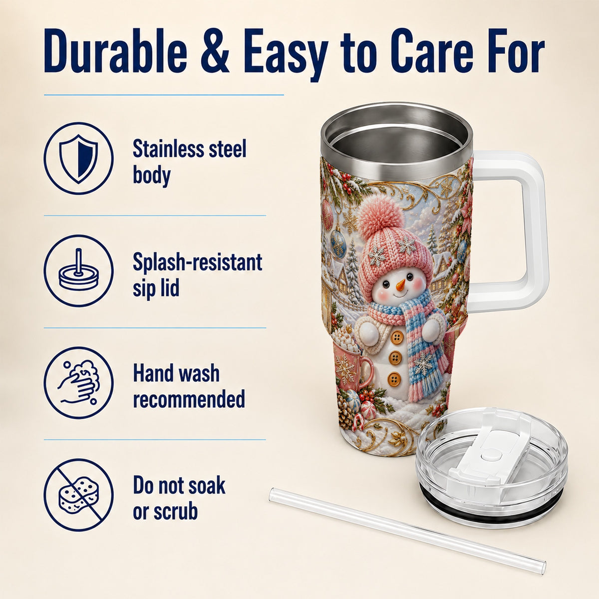 #pl[40oz|White] Pink Snowman 40oz Tumbler with Handle, Winter Stainless Steel Travel Cup