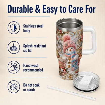 #pl[40oz|White] Pink Snowman 40oz Tumbler with Handle, Winter Stainless Steel Travel Cup