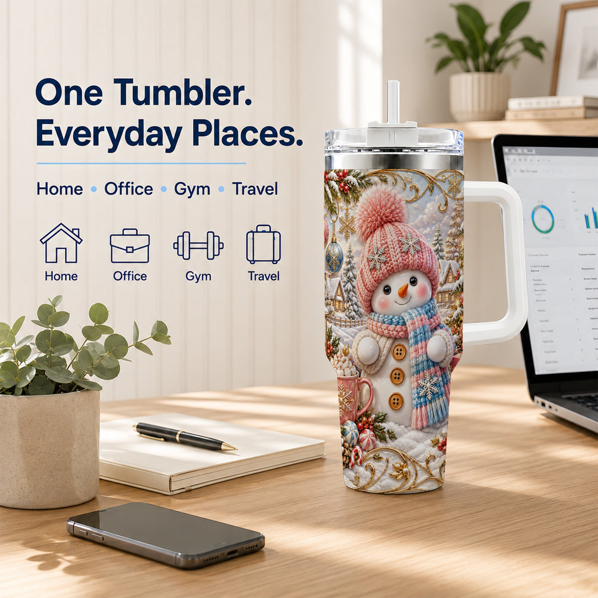 #pl[40oz|White] Pink Snowman 40oz Tumbler with Handle, Winter Stainless Steel Travel Cup