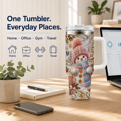 #pl[40oz|White] Pink Snowman 40oz Tumbler with Handle, Winter Stainless Steel Travel Cup