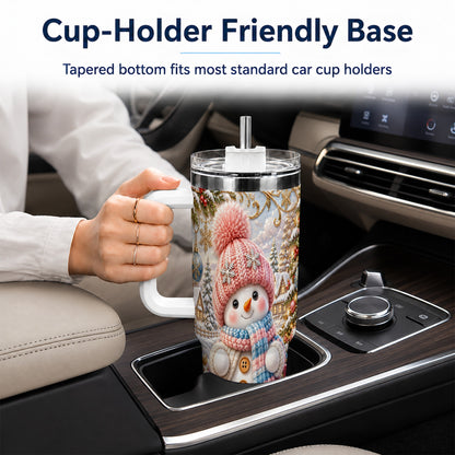 #pl[40oz|White] Pink Snowman 40oz Tumbler with Handle, Winter Stainless Steel Travel Cup