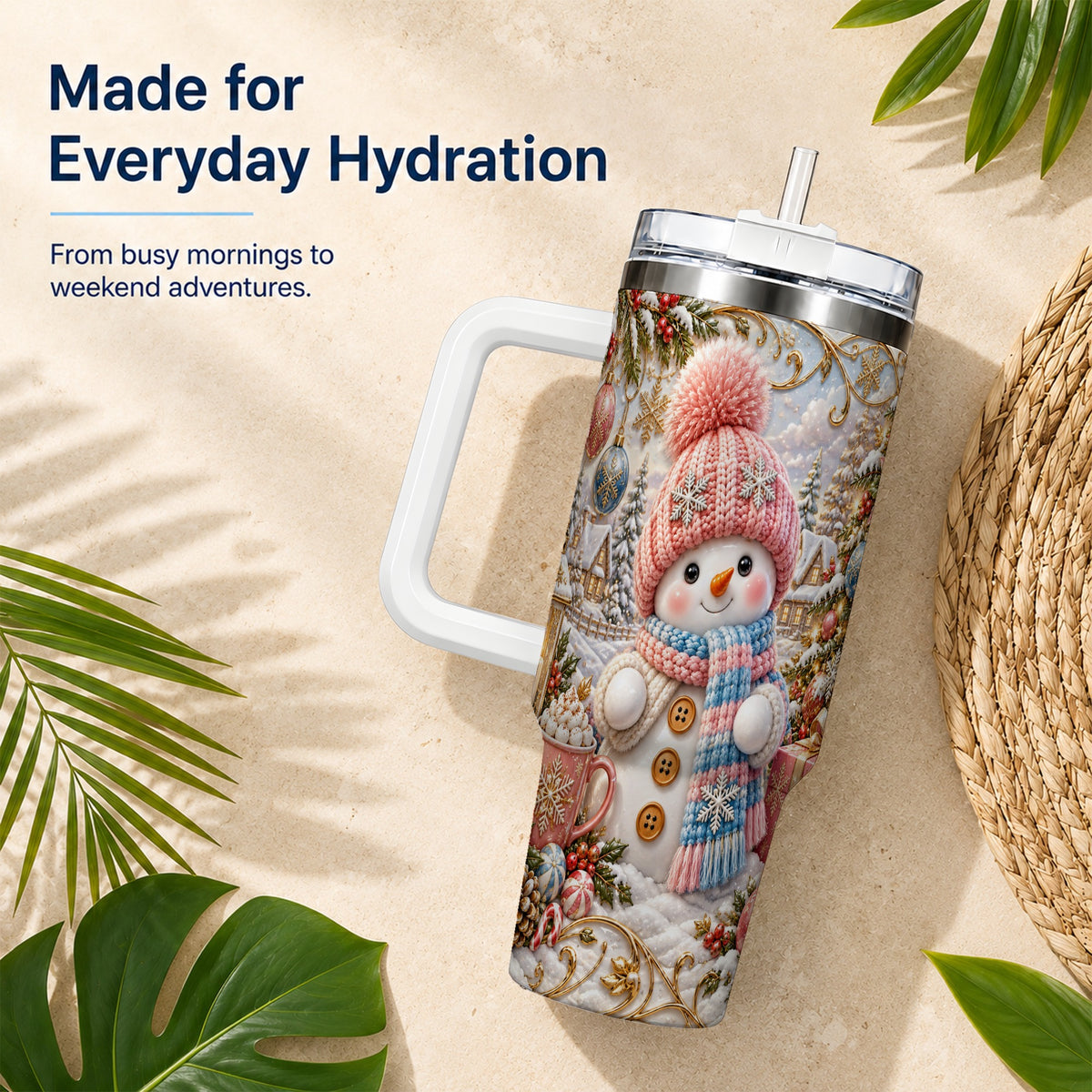 #pl[40oz|White] Pink Snowman 40oz Tumbler with Handle, Winter Stainless Steel Travel Cup