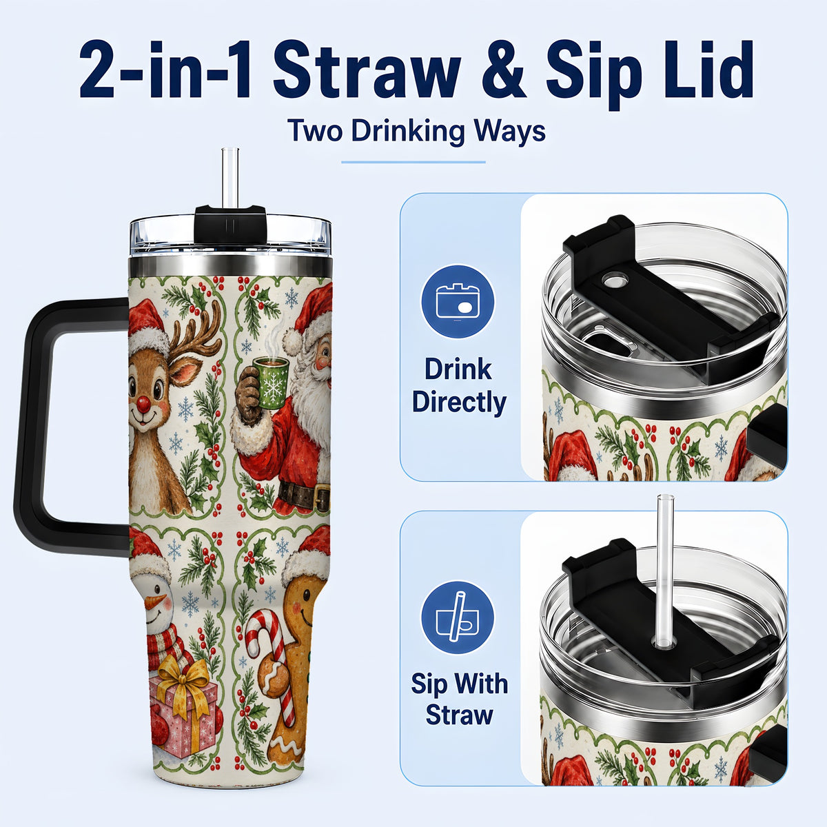 #pl[40oz|Black] Holiday Friends 40oz Tumbler with Handle, Christmas Travel Cup