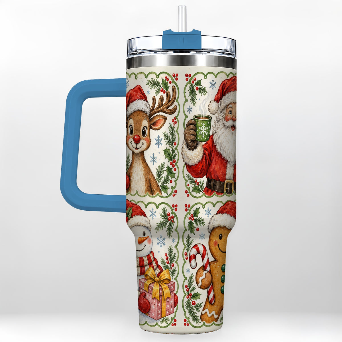 #pl[40oz|Blue] Holiday Friends 40oz Tumbler with Handle, Christmas Travel Cup
