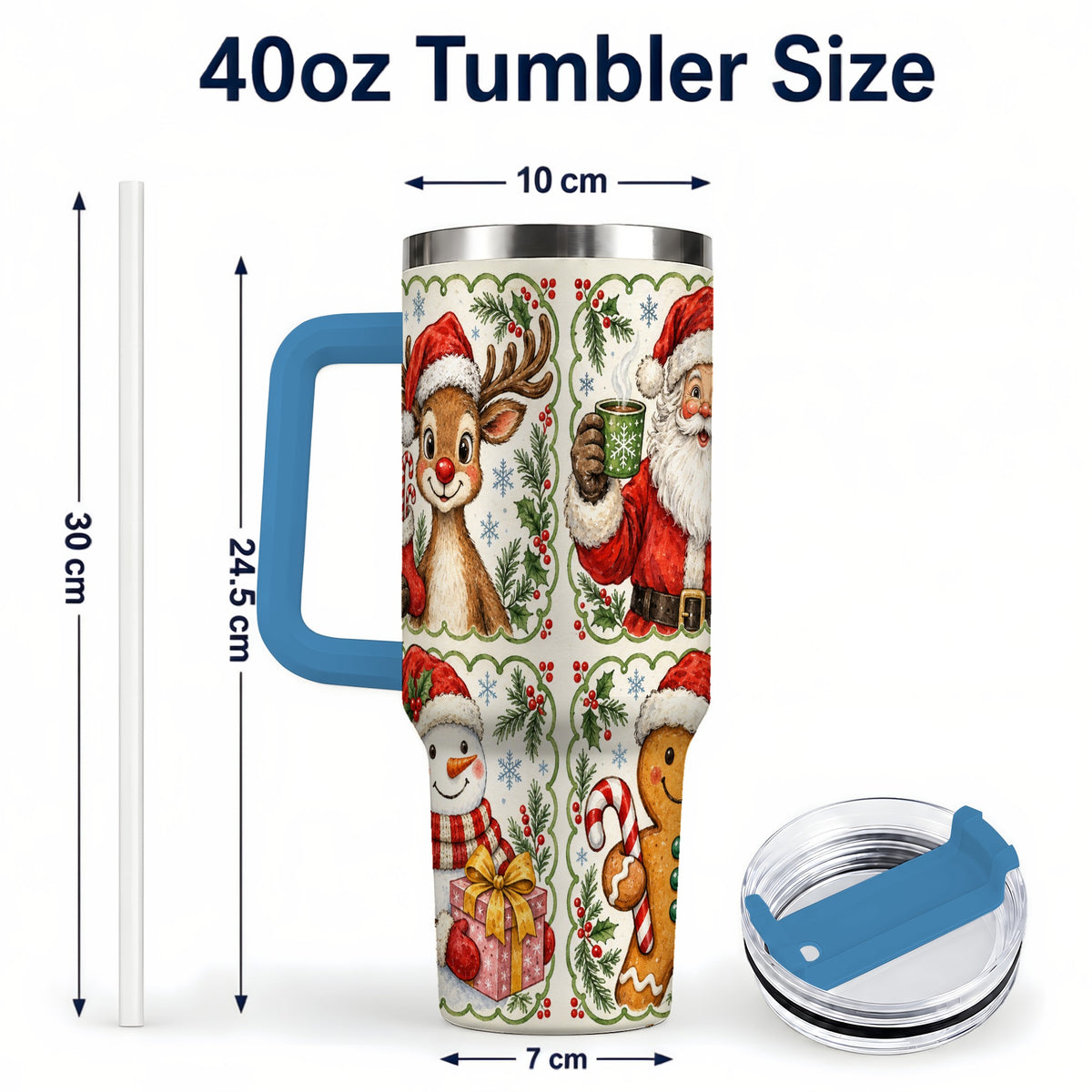 #pl[40oz|Blue] Holiday Friends 40oz Tumbler with Handle, Christmas Travel Cup