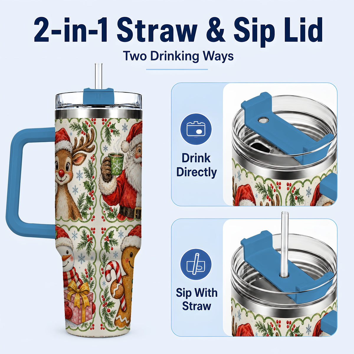 #pl[40oz|Blue] Holiday Friends 40oz Tumbler with Handle, Christmas Travel Cup