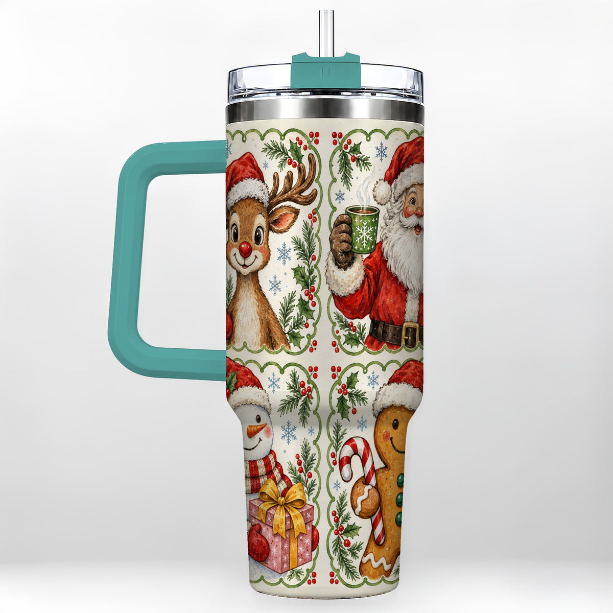 #pl[40oz|Green] Holiday Friends 40oz Tumbler with Handle, Christmas Travel Cup
