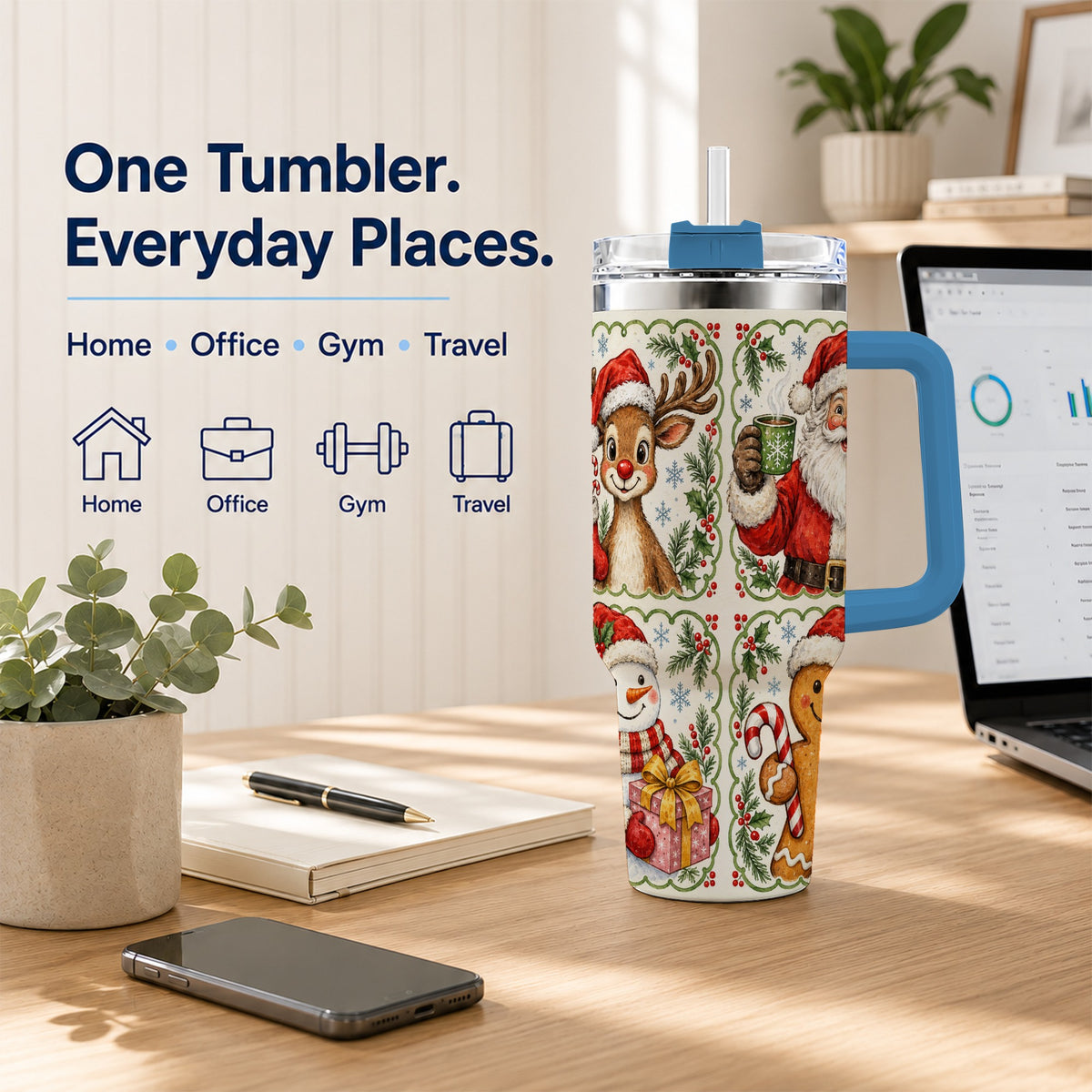 #pl[40oz|Blue] Holiday Friends 40oz Tumbler with Handle, Christmas Travel Cup