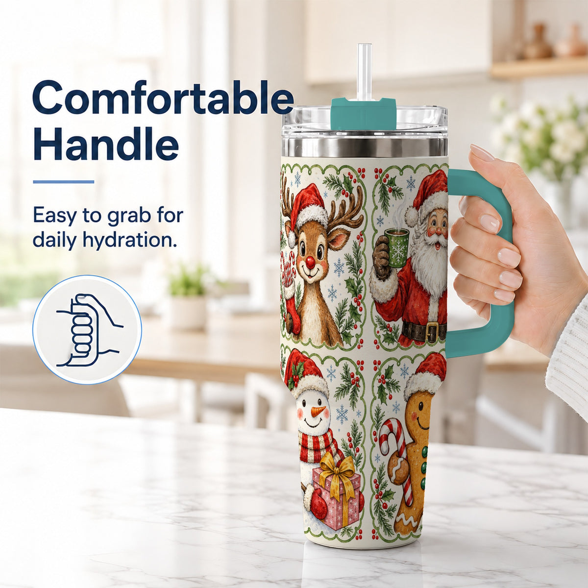 #pl[40oz|Green] Holiday Friends 40oz Tumbler with Handle, Christmas Travel Cup