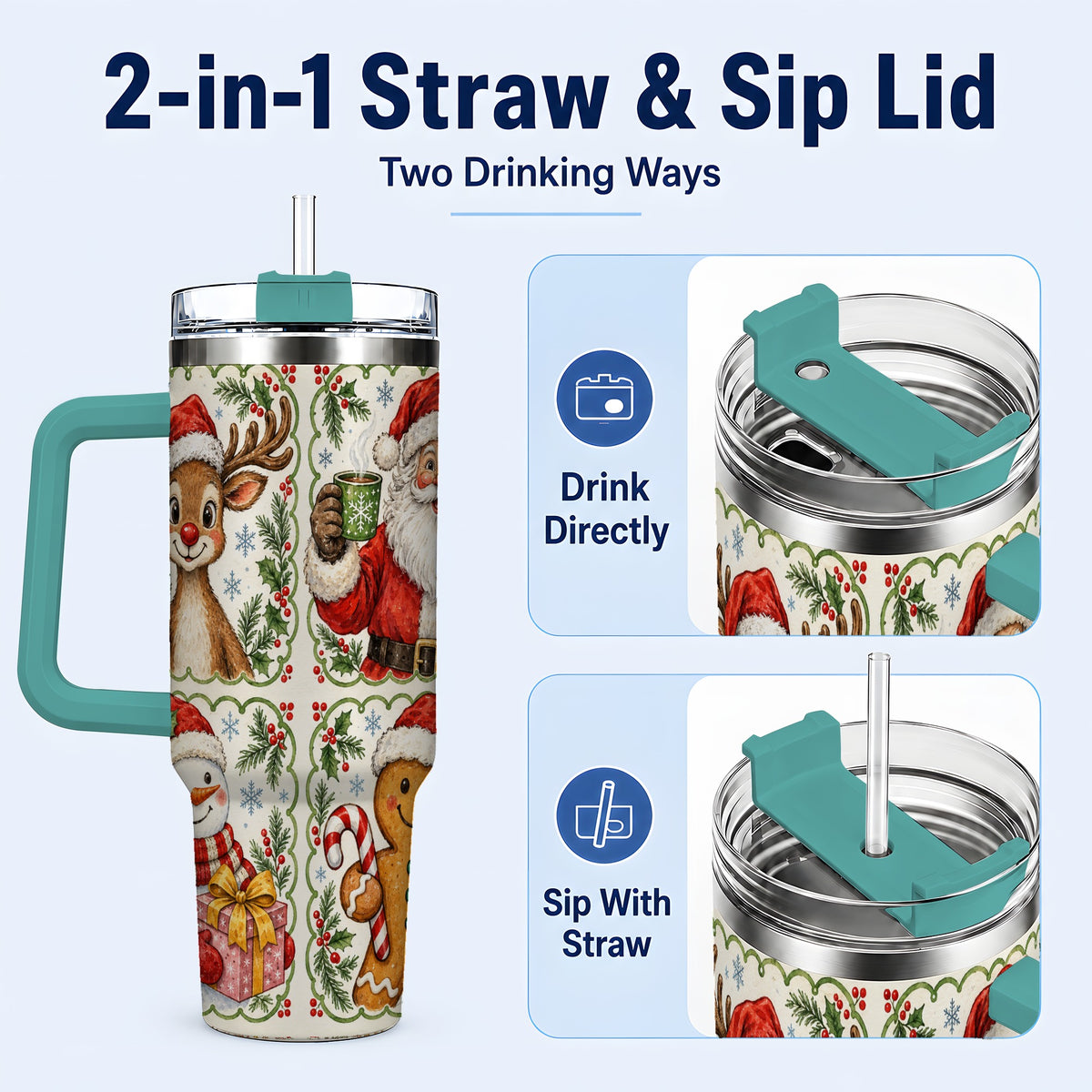#pl[40oz|Green] Holiday Friends 40oz Tumbler with Handle, Christmas Travel Cup
