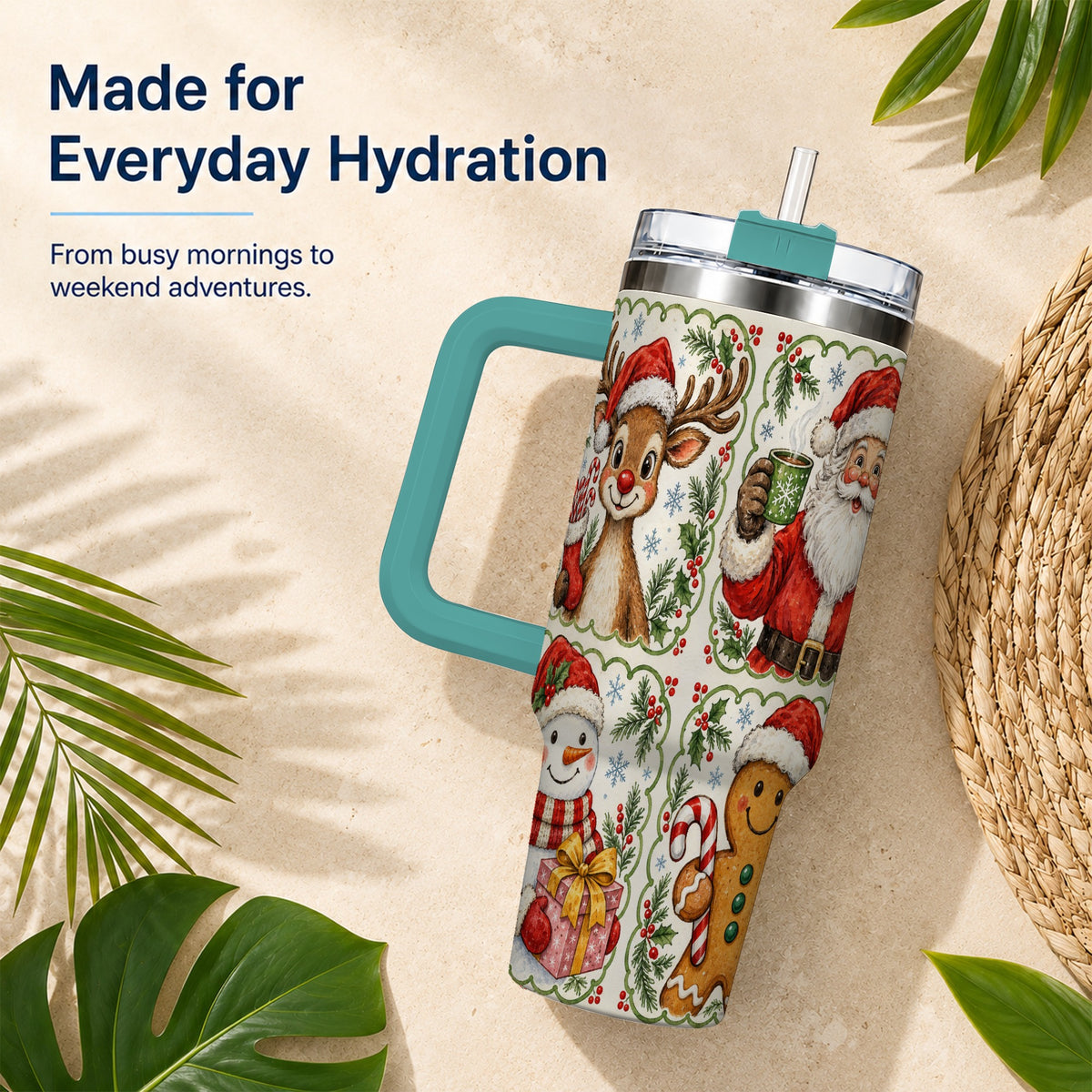 #pl[40oz|Green] Holiday Friends 40oz Tumbler with Handle, Christmas Travel Cup