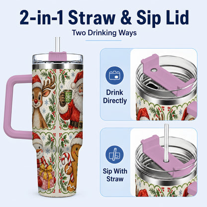 #pl[40oz|Pink] Holiday Friends 40oz Tumbler with Handle, Christmas Travel Cup