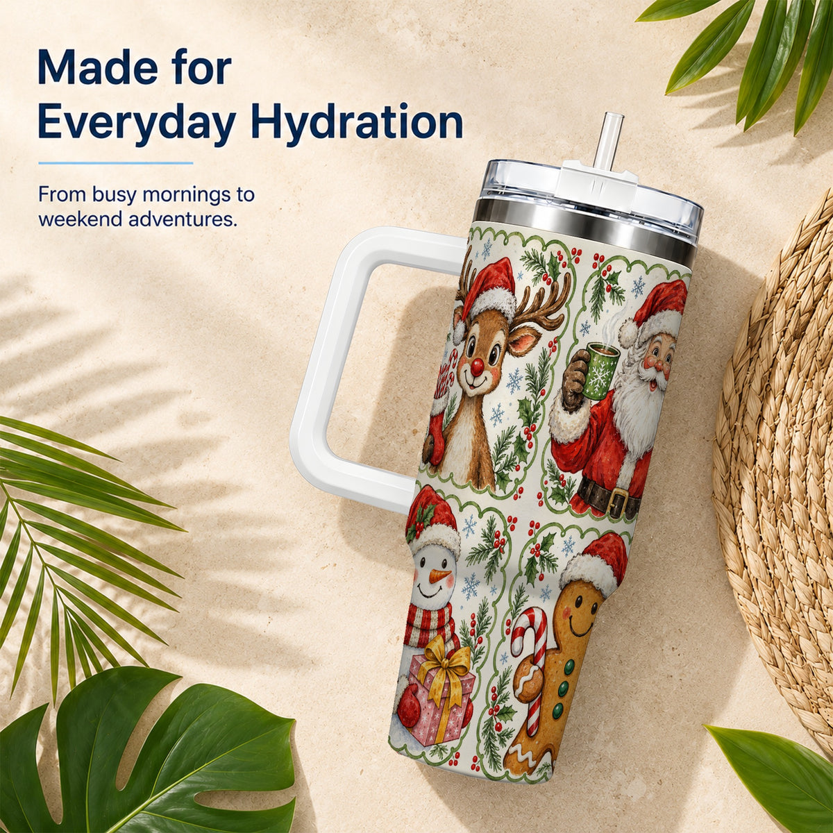 #pl[40oz|White] Holiday Friends 40oz Tumbler with Handle, Christmas Travel Cup