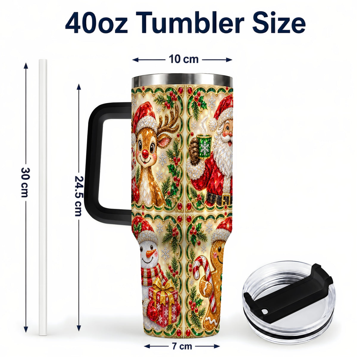 #pl[40oz|Black] Jeweled Holiday Friends 40oz Tumbler with Handle, Christmas Travel Cup