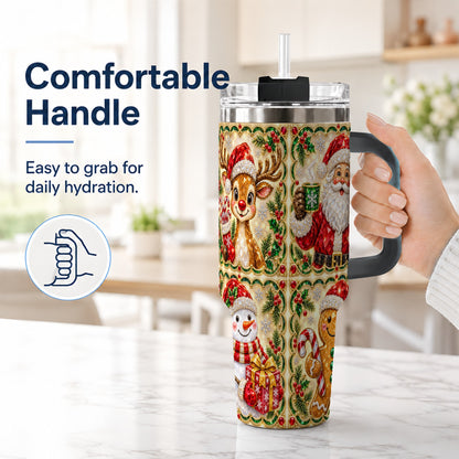 #pl[40oz|Black] Jeweled Holiday Friends 40oz Tumbler with Handle, Christmas Travel Cup