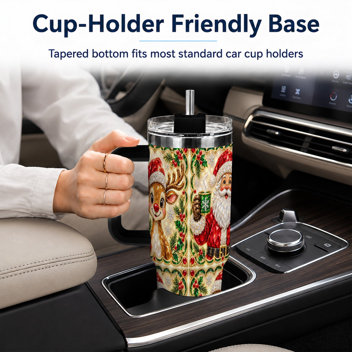 #pl[40oz|Black] Jeweled Holiday Friends 40oz Tumbler with Handle, Christmas Travel Cup