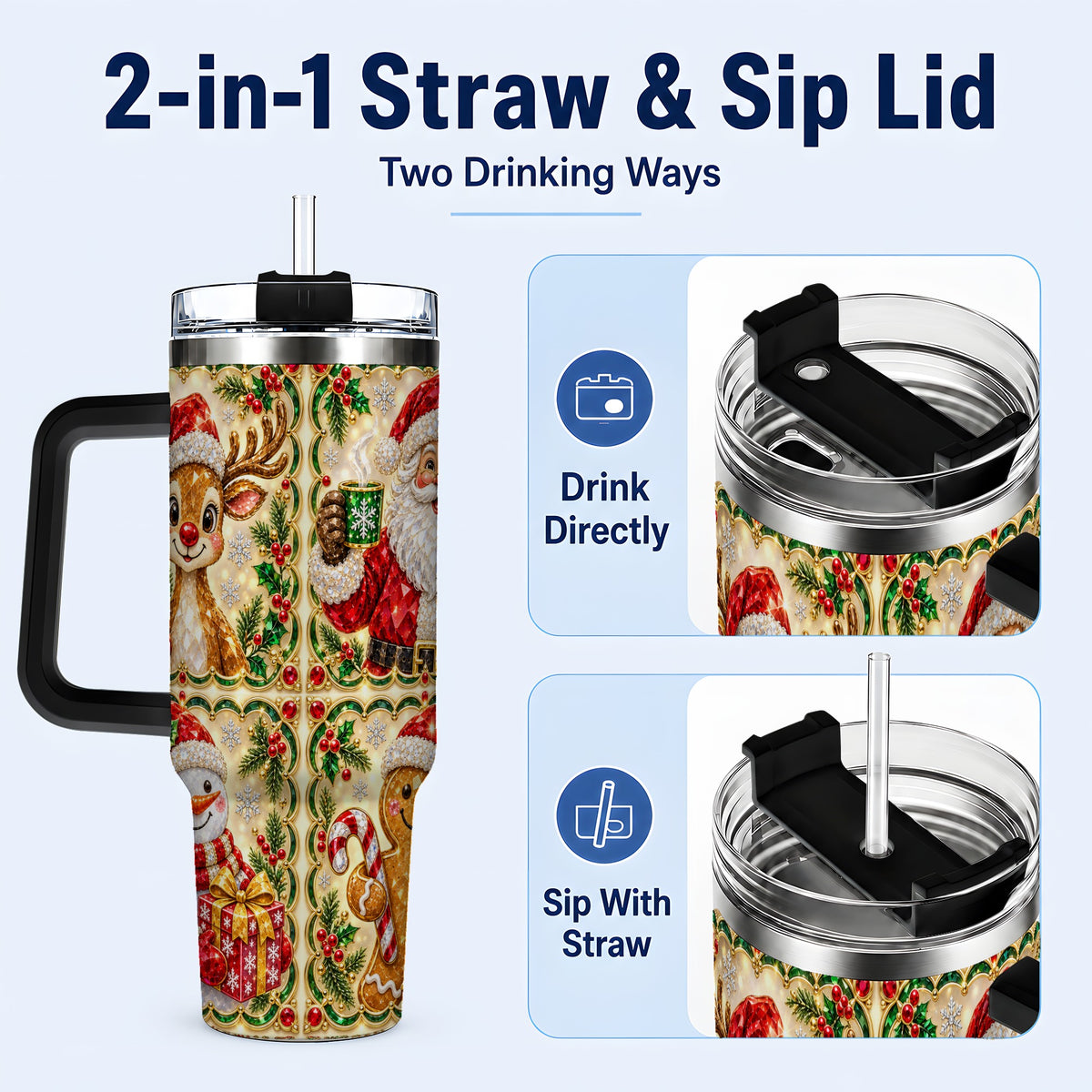 #pl[40oz|Black] Jeweled Holiday Friends 40oz Tumbler with Handle, Christmas Travel Cup