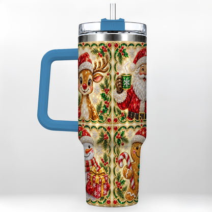 #pl[40oz|Blue] Jeweled Holiday Friends 40oz Tumbler with Handle, Christmas Travel Cup