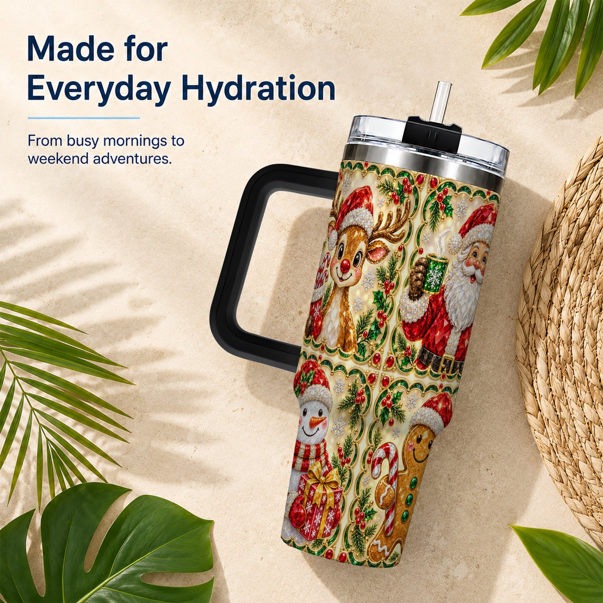 #pl[40oz|Black] Jeweled Holiday Friends 40oz Tumbler with Handle, Christmas Travel Cup