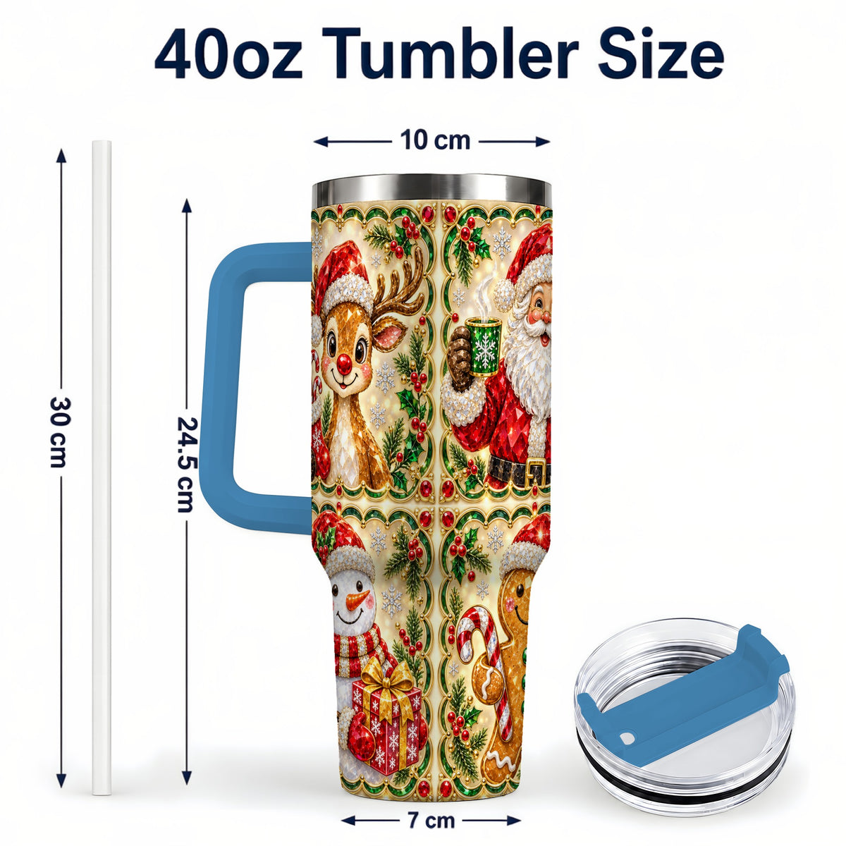 #pl[40oz|Blue] Jeweled Holiday Friends 40oz Tumbler with Handle, Christmas Travel Cup