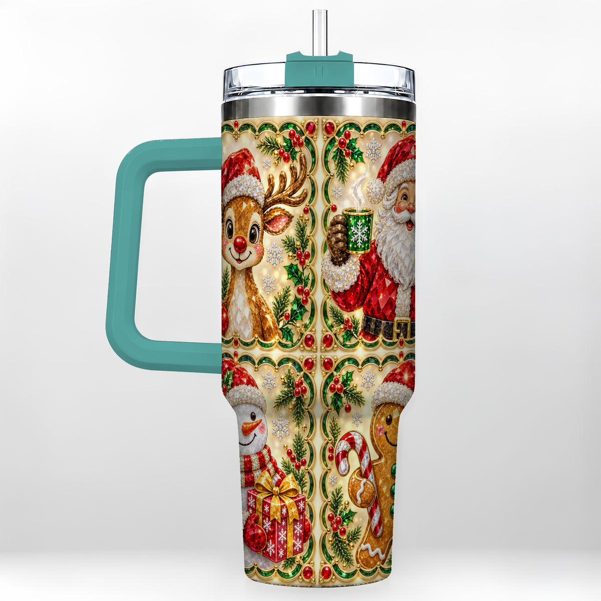 #pl[40oz|Green] Jeweled Holiday Friends 40oz Tumbler with Handle, Christmas Travel Cup